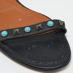 Pre Owned Valentino Black Leather Rolling Rockstud Ankle Wrap Flat Sandals Size 38.5