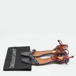 Pre Owned Valentino Black Leather Rolling Rockstud Ankle Wrap Flat Sandals Size 38.5