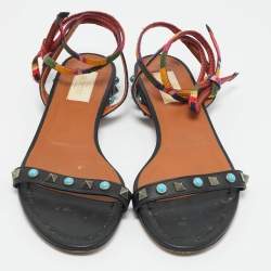 Pre Owned Valentino Black Leather Rolling Rockstud Ankle Wrap Flat Sandals Size 38.5