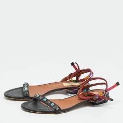 Pre Owned Valentino Black Leather Rolling Rockstud Ankle Wrap Flat Sandals Size 38.5