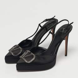 Pre Owned Valentino Black Satin VLogo Slingback Platform Pumps Size 40