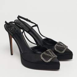 Pre Owned Valentino Black Satin VLogo Slingback Platform Pumps Size 40
