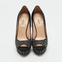 Pre Owned Valentino Black Satin Crystal Embellished Platform Peep Toe Pumps Size 36