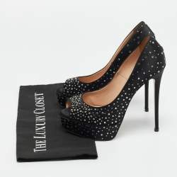 Pre Owned Valentino Black Satin Crystal Embellished Platform Peep Toe Pumps Size 36