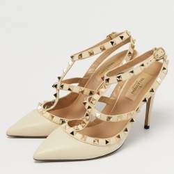 Pre Owned Valentino Cream Leather Rockstud Ankle Strap Pumps Size 37