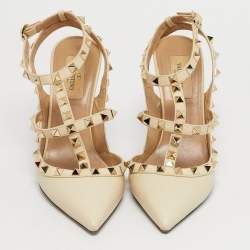 Pre Owned Valentino Cream Leather Rockstud Ankle Strap Pumps Size 37