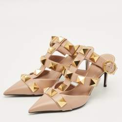 Pre Owned Valentino Beige Leather Roman Stud Ankle Strap Pumps Size 37