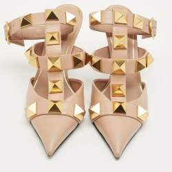 Pre Owned Valentino Beige Leather Roman Stud Ankle Strap Pumps Size 37