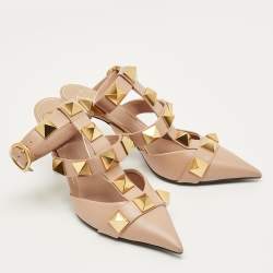 Pre Owned Valentino Beige Leather Roman Stud Ankle Strap Pumps Size 37