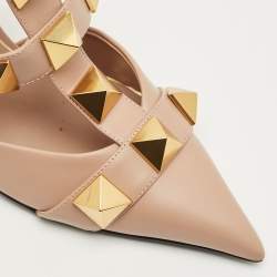 Pre Owned Valentino Beige Leather Roman Stud Ankle Strap Pumps Size 37