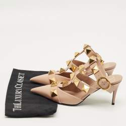 Pre Owned Valentino Beige Leather Roman Stud Ankle Strap Pumps Size 37