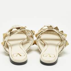 مملوكة مسبقًا Valentino Cream Intrecciato Leather Roman Stud Mules Size 37