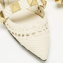 مملوكة مسبقًا Valentino Cream Intrecciato Leather Roman Stud Mules Size 37