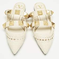 مملوكة مسبقًا Valentino Cream Intrecciato Leather Roman Stud Mules Size 37
