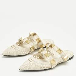 مملوكة مسبقًا Valentino Cream Intrecciato Leather Roman Stud Mules Size 37