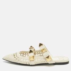 مملوكة مسبقًا Valentino Cream Intrecciato Leather Roman Stud Mules Size 37