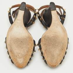 Pre Owned Valentino Black Leather and Mesh Rockstud Ankle Strap Wedge Sandals Size 36.5