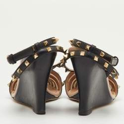 Pre Owned Valentino Black Leather and Mesh Rockstud Ankle Strap Wedge Sandals Size 36.5