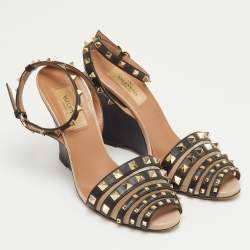 Pre Owned Valentino Black Leather and Mesh Rockstud Ankle Strap Wedge Sandals Size 36.5