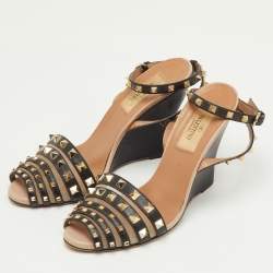 Pre Owned Valentino Black Leather and Mesh Rockstud Ankle Strap Wedge Sandals Size 36.5