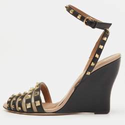 Pre Owned Valentino Black Leather and Mesh Rockstud Ankle Strap Wedge Sandals Size 36.5