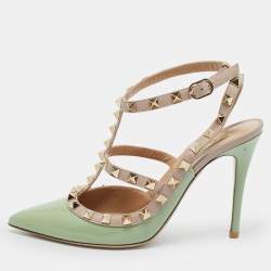 Pre Owned Valentino Green Leather and Patent Leather Rockstud Pumps Size 36.5