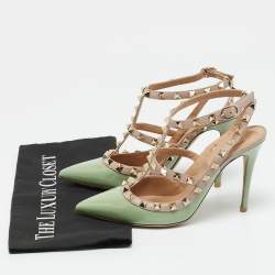 Pre Owned Valentino Green Leather and Patent Leather Rockstud Pumps Size 36.5