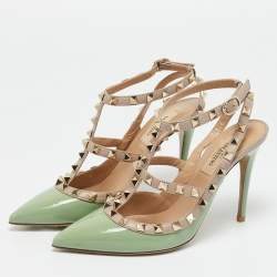 Pre Owned Valentino Green Leather and Patent Leather Rockstud Pumps Size 36.5