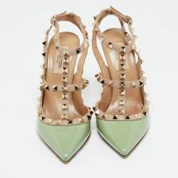Pre Owned Valentino Green Leather and Patent Leather Rockstud Pumps Size 36.5