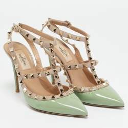 Pre Owned Valentino Green Leather and Patent Leather Rockstud Pumps Size 36.5