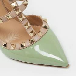 Pre Owned Valentino Green Leather and Patent Leather Rockstud Pumps Size 36.5