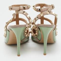 Pre Owned Valentino Green Leather and Patent Leather Rockstud Pumps Size 36.5