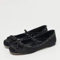 Pre Owned Valentino Black Satin Rockstud Bow Ballet Flats Size 40.5