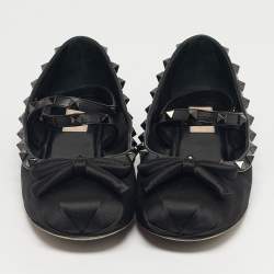 Pre Owned Valentino Black Satin Rockstud Bow Ballet Flats Size 40.5