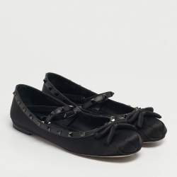 Pre Owned Valentino Black Satin Rockstud Bow Ballet Flats Size 40.5