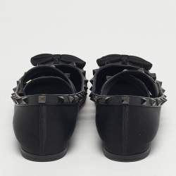 Pre Owned Valentino Black Satin Rockstud Bow Ballet Flats Size 40.5