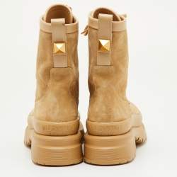 Pre Owned Valentino Rockstud Size 37 Beige Suede Combat Boots