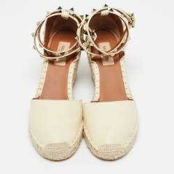 Pre Owned Valentino Rockstud Size 38 Beige Leather  Espadrille Wedge Pumps