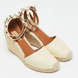 Pre Owned Valentino Rockstud Size 38 Beige Leather  Espadrille Wedge Pumps