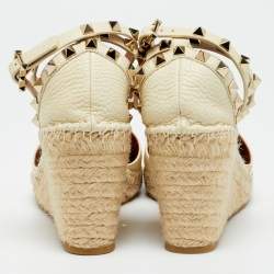 Pre Owned Valentino Rockstud Size 38 Beige Leather  Espadrille Wedge Pumps