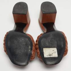 Pre Owned صندل سلايد فالنتينو كعب بلوك مضفر حبال جلد بني مقاس 36