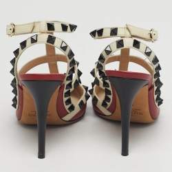 مملوكة مسبقًا حذاء كعب عالي فالنتينو روكستد جلد أحمر/أبيض حزام حول الكاحل مقاس 35