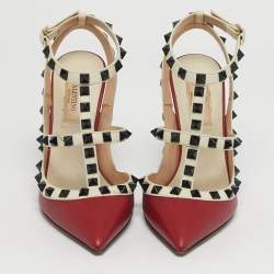 مملوكة مسبقًا حذاء كعب عالي فالنتينو روكستد جلد أحمر/أبيض حزام حول الكاحل مقاس 35