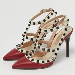 مملوكة مسبقًا حذاء كعب عالي فالنتينو روكستد جلد أحمر/أبيض حزام حول الكاحل مقاس 35