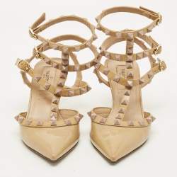 مملوكة مسبقًا حذاء كعب عالي فالنتينو جلد براءات اختراع أصفر / بيج برباط للكاحل مرصع روكستد مقاس 37