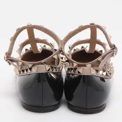 مملوكة مسبقًا Valentino Rockstud Size 39.5 Black/Beige Patent and Leather Ankle Strap Ballet Flats