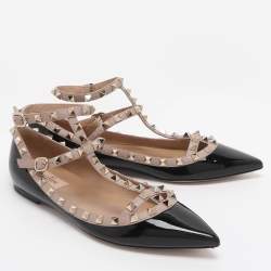 مملوكة مسبقًا Valentino Rockstud Size 39.5 Black/Beige Patent and Leather Ankle Strap Ballet Flats