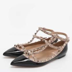مملوكة مسبقًا Valentino Rockstud Size 39.5 Black/Beige Patent and Leather Ankle Strap Ballet Flats