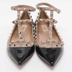مملوكة مسبقًا Valentino Rockstud Size 39.5 Black/Beige Patent and Leather Ankle Strap Ballet Flats
