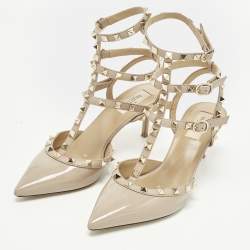 Pre Owned حذاء كعب عالي فالنتينو روكستود جلد بيج بحزام للكاحل مقاس 39.5